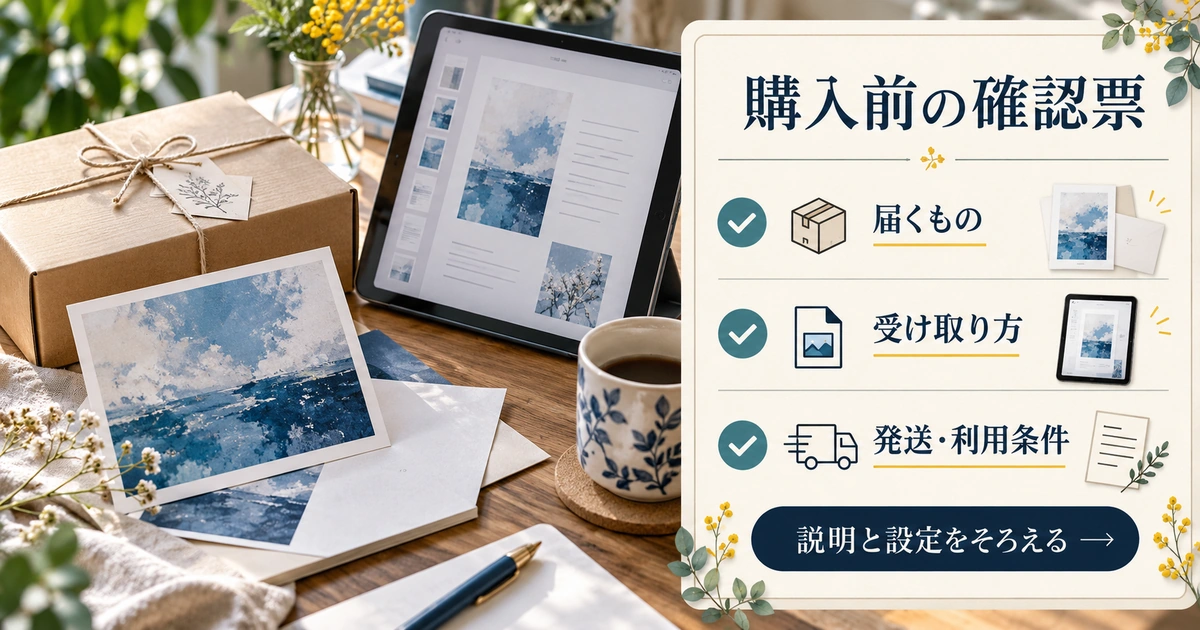 届くもの、受け取り方、発送や利用条件を商品説明と設定で照合する出品前の確認票