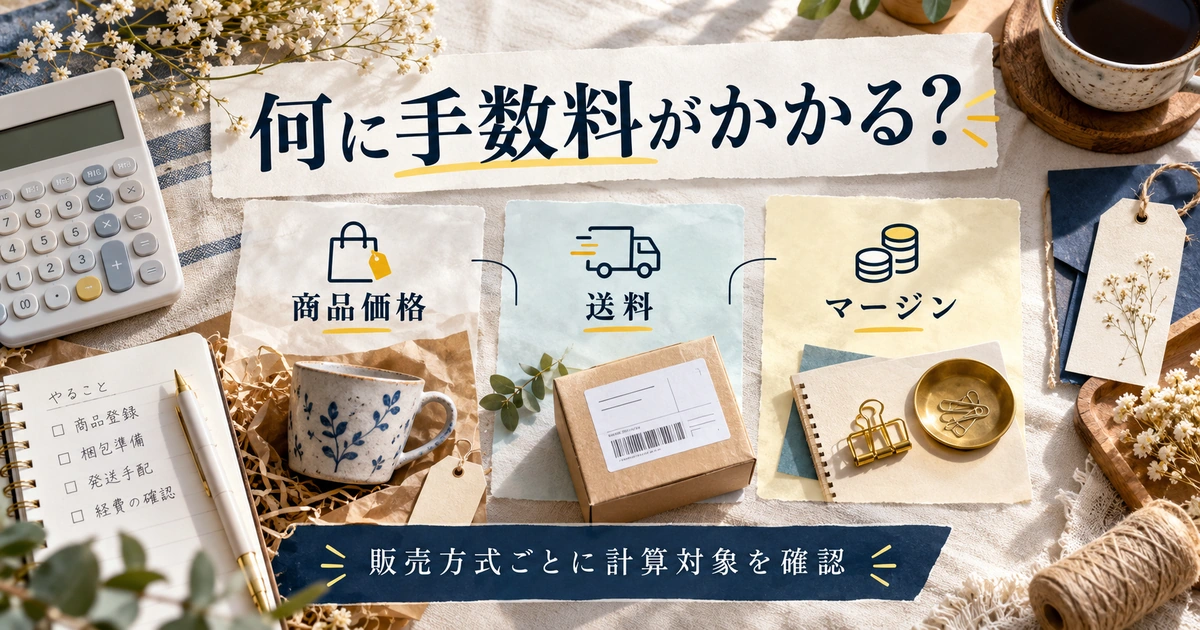 商品価格、送料、マージンを分けて販売方式ごとの手数料の計算対象を確認する