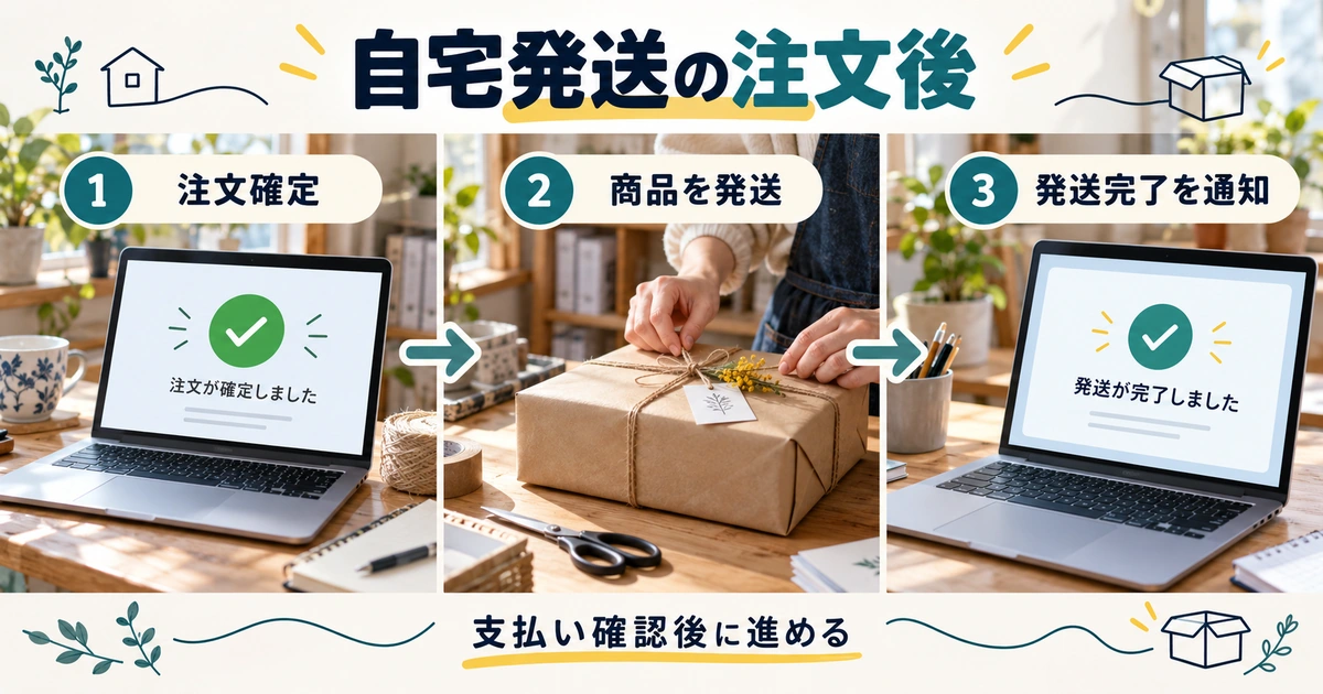 自宅発送で注文確定を確認し、商品を発送してから発送完了を通知する三段階の流れ