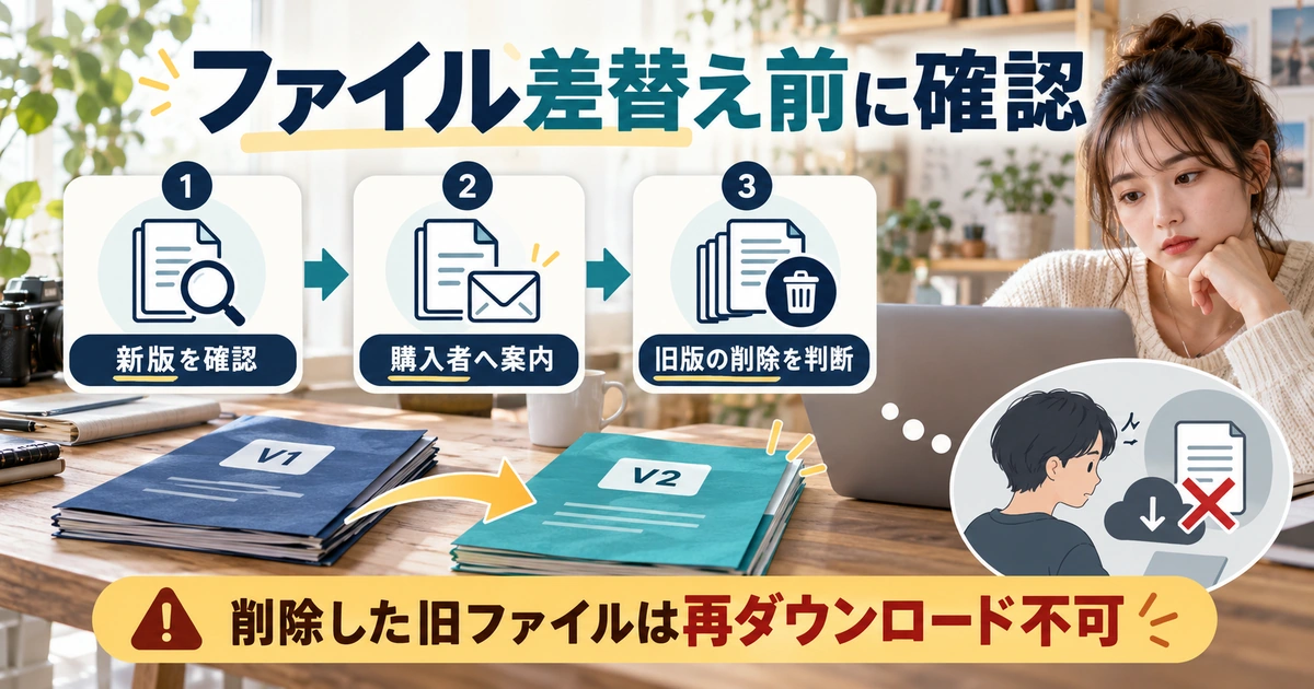新版の確認、購入者への案内、旧版削除の判断を順に行い、削除後の再ダウンロードへの影響を点検する