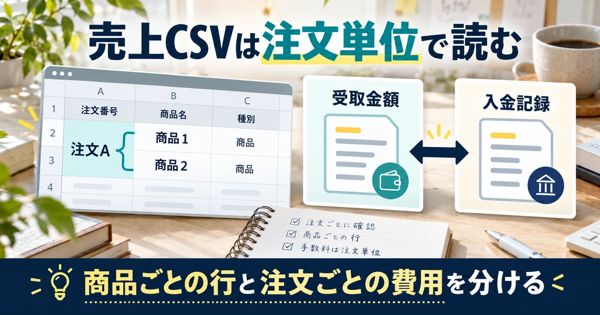 一つの注文に複数の商品行がある売上CSVを、受取金額と入金記録に照合する考え方