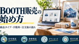 BOOTH販売の四つの方式と、商品タイプ・手数料・注文後の流れを整理する制作イメージ