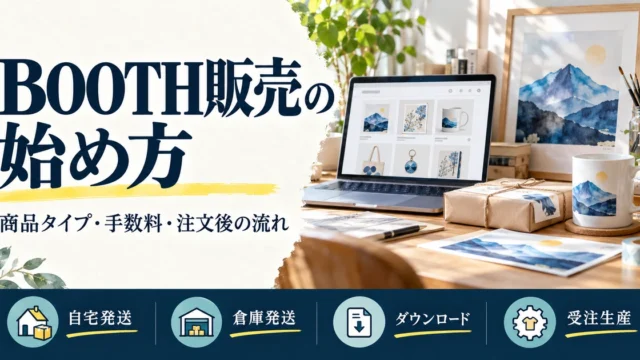 BOOTH販売の四つの方式と、商品タイプ・手数料・注文後の流れを整理する制作イメージ