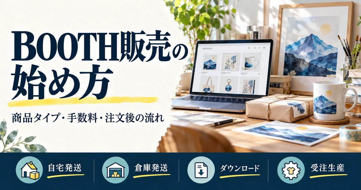 BOOTH販売の四つの方式と、商品タイプ・手数料・注文後の流れを整理する制作イメージ