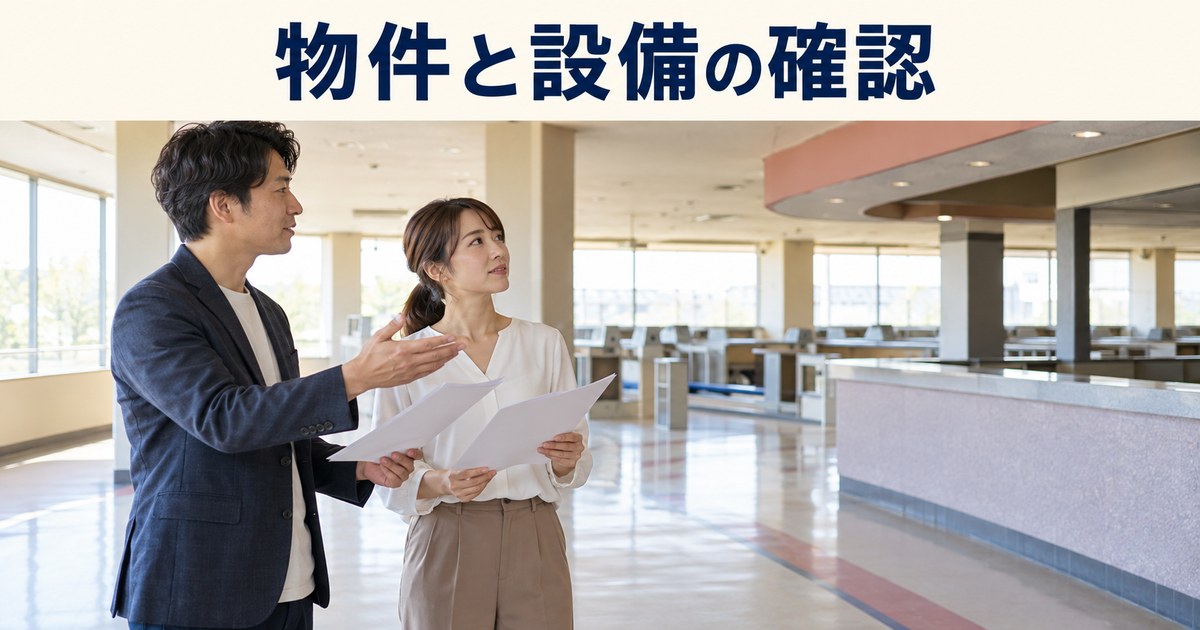 物件と設備の確認の日本語見出しと、成人の相談者二人が資料を確認するイメージ