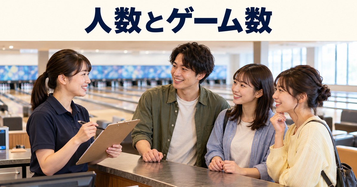 人数とゲーム数の日本語見出しと、成人三人の利用を受付担当が確認するイメージ