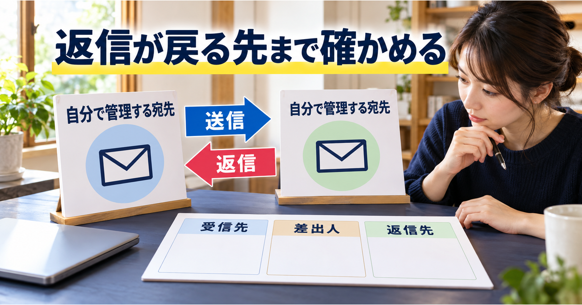 自分で管理する宛先との送信と返信を試し、受信先・差出人・返信先を確認する