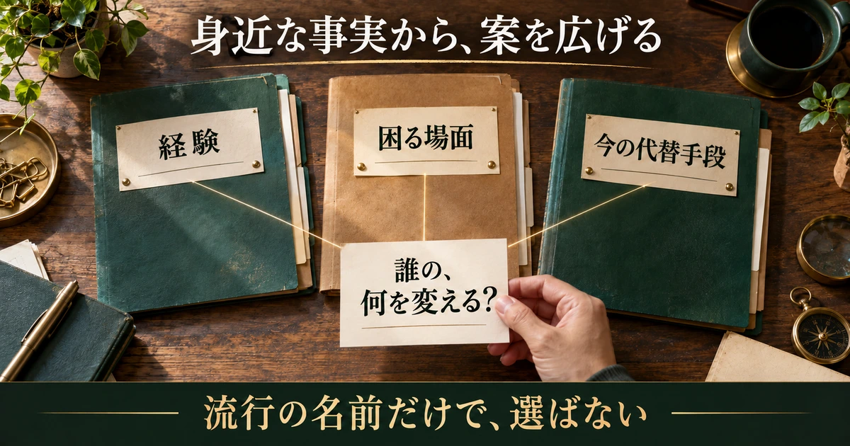 経験、困る場面、今の代替手段から事業案を考える生成イメージ