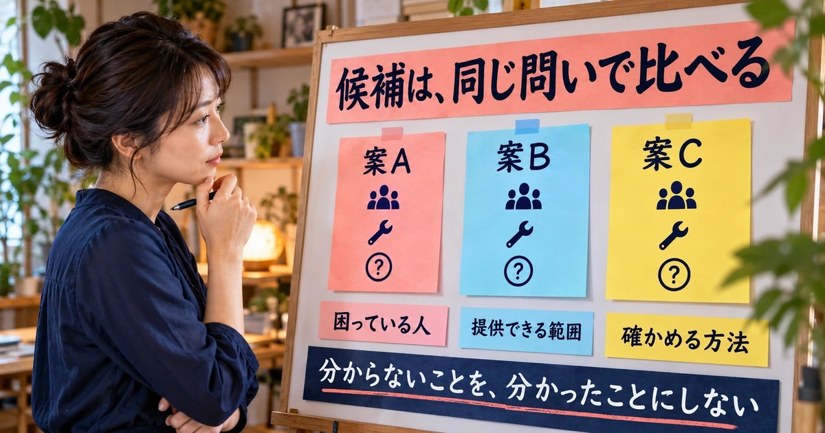 複数の起業案を同じ三つの問いで比較する生成イメージ
