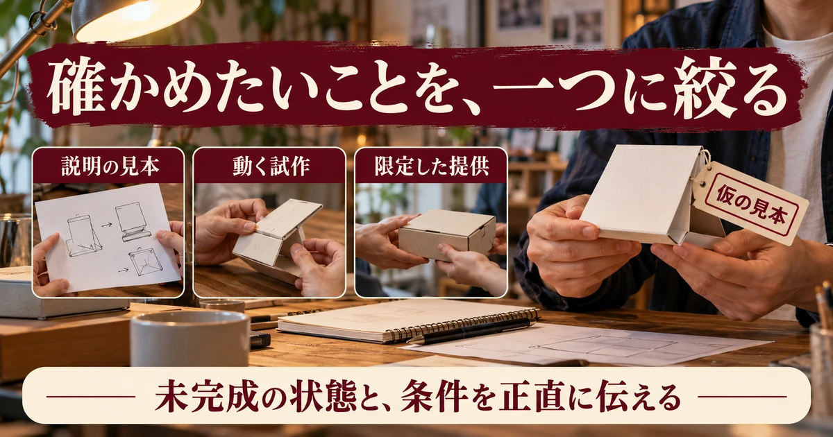 説明の見本、動く試作、限定した提供で確かめる生成イメージ