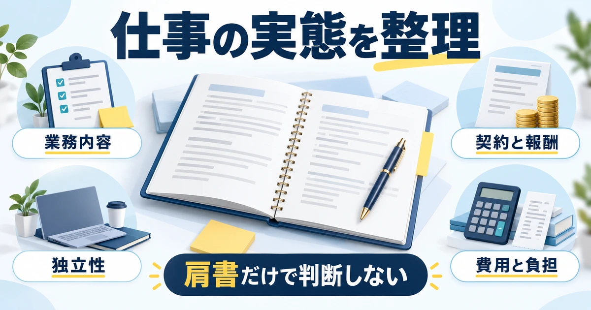 業務内容、契約と報酬、独立性、費用と負担を並べ、肩書だけで判断しない図