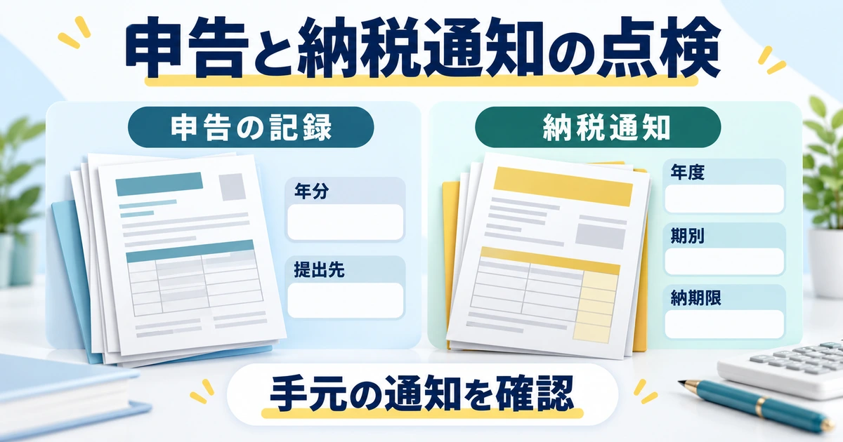 申告の記録の年分と提出先、納税通知の年度と期別と納期限を別々に点検する図