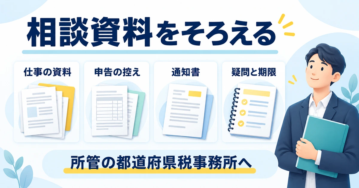 仕事の資料、申告の控え、通知書、疑問と期限をそろえて都道府県税事務所へ相談する図