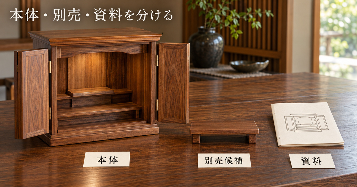 架空の仏壇本体と、離して置いた別売候補の小さな木製台、対応する資料を区別する販売範囲確認の場面