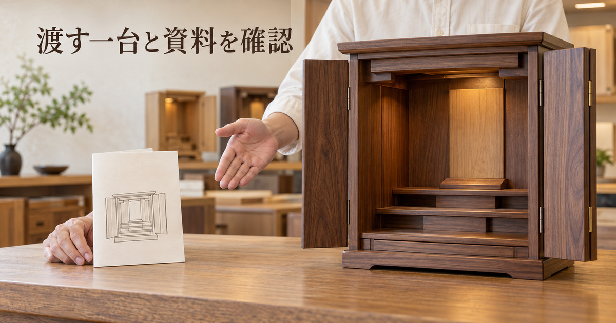 架空の仏壇店の店員が、カウンター上の完成した仏壇と対応する資料を確認する受渡し準備の場面