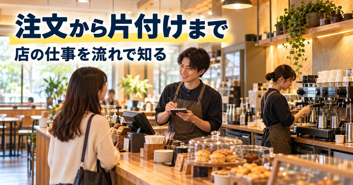 カウンターの注文担当とドリンクを作るスタッフを示し、店の仕事の流れを説明する生成画像