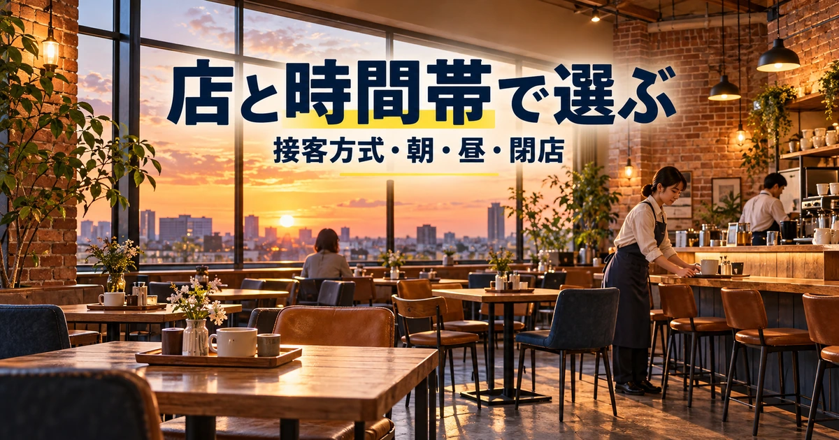 店と時間帯で選ぶ：接客方式・朝・昼・閉店を表した説明用生成画像