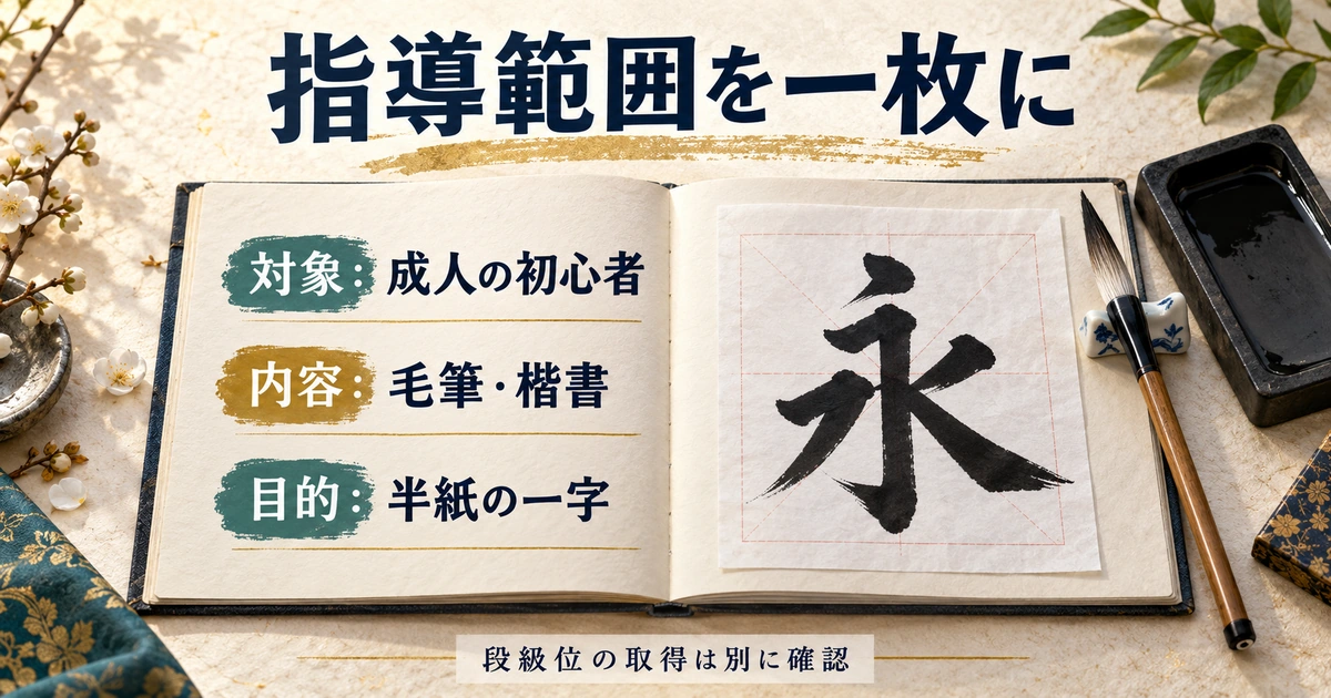 成人の初心者に毛筆の楷書で半紙の一字を教える指導範囲の記入例