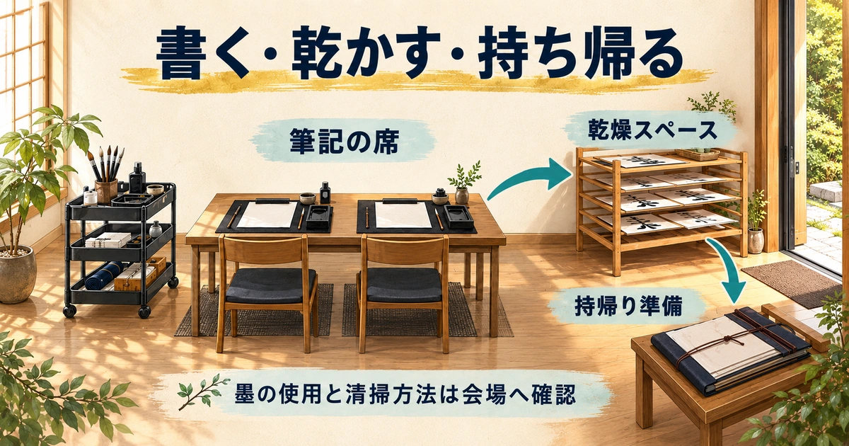筆記の席から乾燥スペース、作品の持帰り準備へつなぐ架空の教室配置