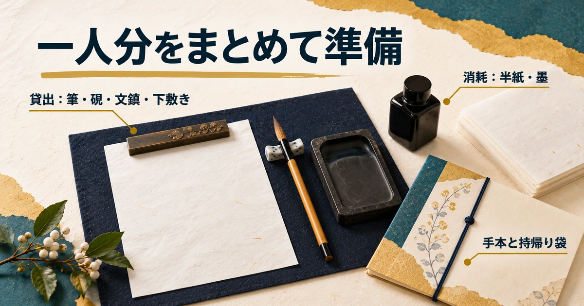 貸出用の筆、硯、文鎮、下敷きと、消耗する半紙と墨、手本と持帰り袋をまとめた準備例