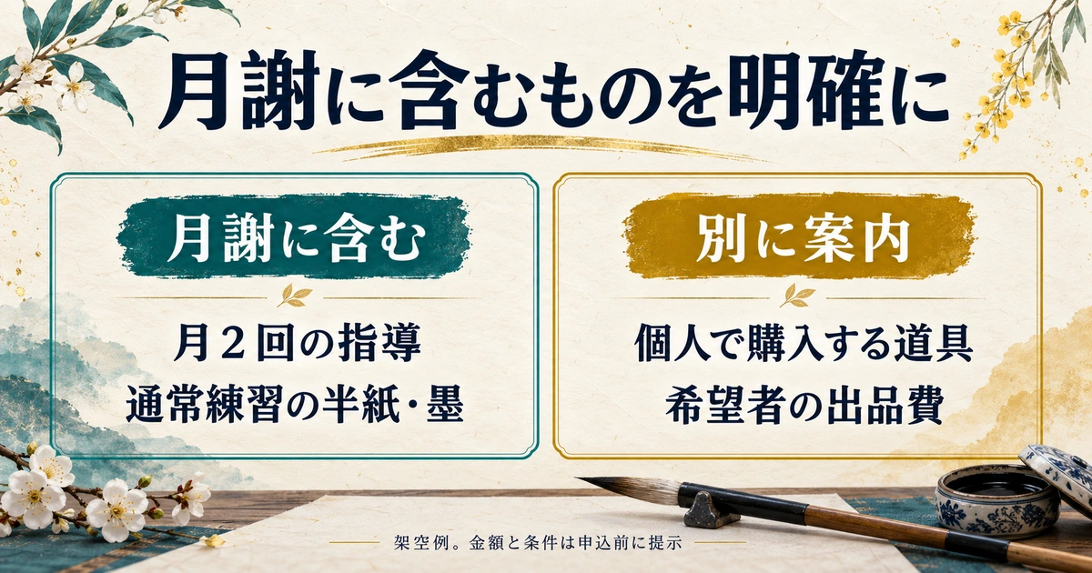 月謝に含む月二回の指導と通常練習の半紙・墨、別に案内する個人道具と希望者の出品費