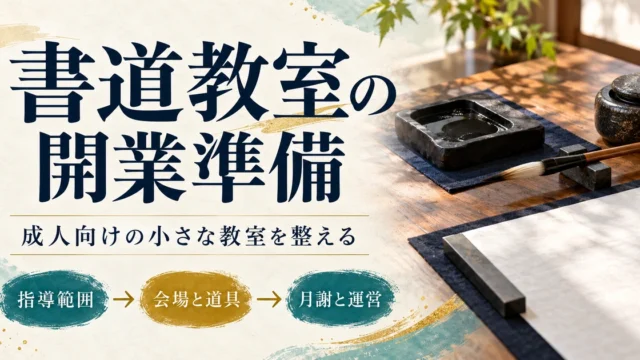 成人向けの書道教室を、指導範囲、会場と道具、月謝と運営の順に整える開業準備