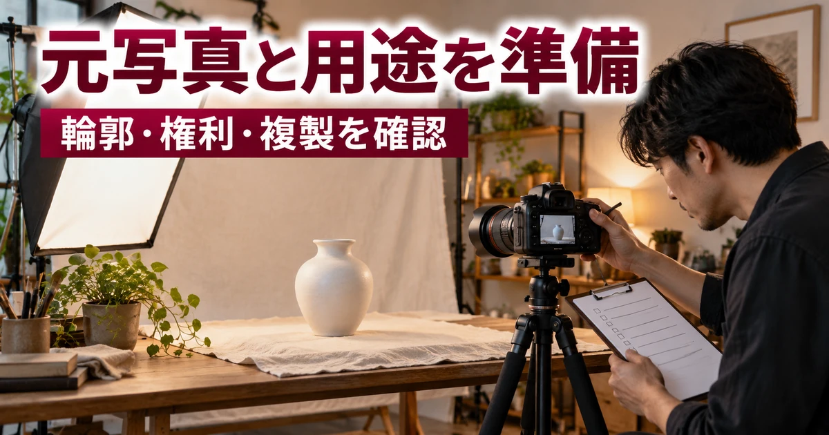 元写真と用途を準備(輪郭・権利・複製を確認)の説明用生成画像