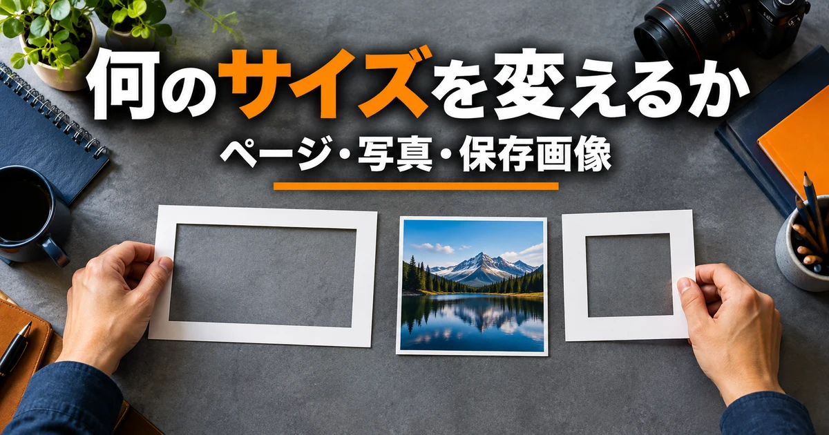何のサイズを変えるか(ページ・写真・保存画像)の説明用生成画像