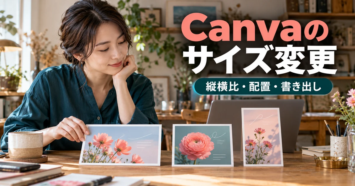 Canvaのサイズ変更（縦横比・配置・書き出し）の説明用生成画像
