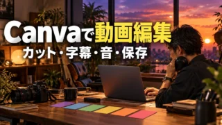 Canvaで動画編集（カット・字幕・音・保存）の説明用生成画像
