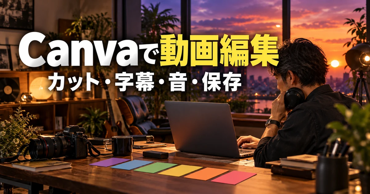 Canvaで動画編集（カット・字幕・音・保存）の説明用生成画像
