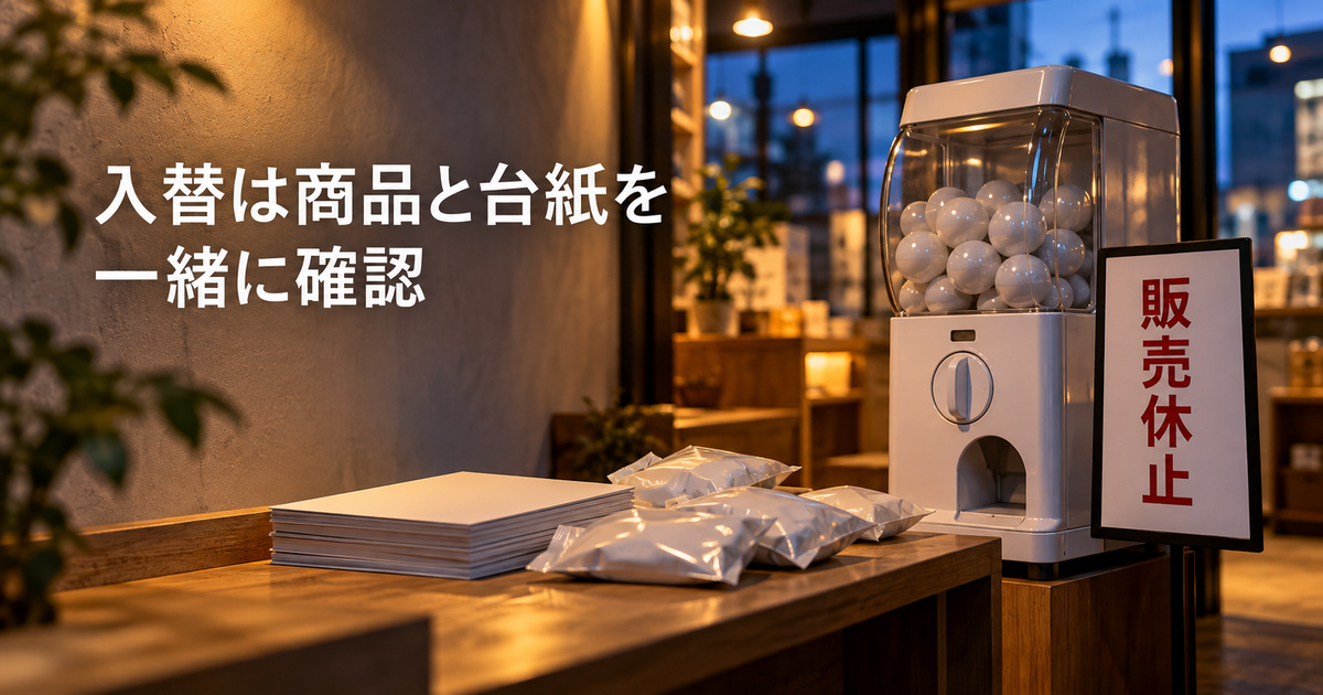 販売を止めたカプセルトイの枠で商品と台紙の入替えを確認するイメージ