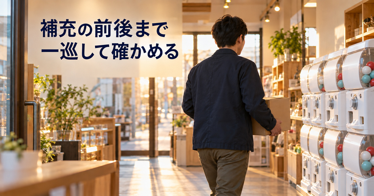 担当者が閉じた箱を持って売場へ向かい巡回と補充の前後の仕事を考える