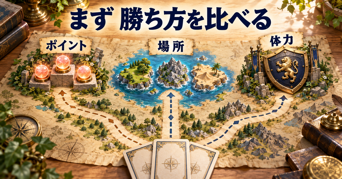 ポイントを取る、場所で上回る、相手の体力を減らすという三つの勝ち方を分けた概念図