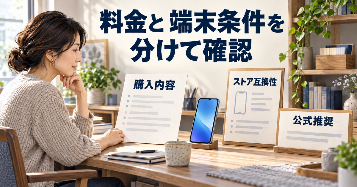 購入内容、ストアの互換性、開発元の推奨条件を別々に確認する机上のイメージ