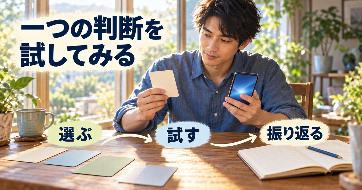 気になる一本を選び、操作を試し、選んだ理由を短く振り返る三段階を表したイラスト