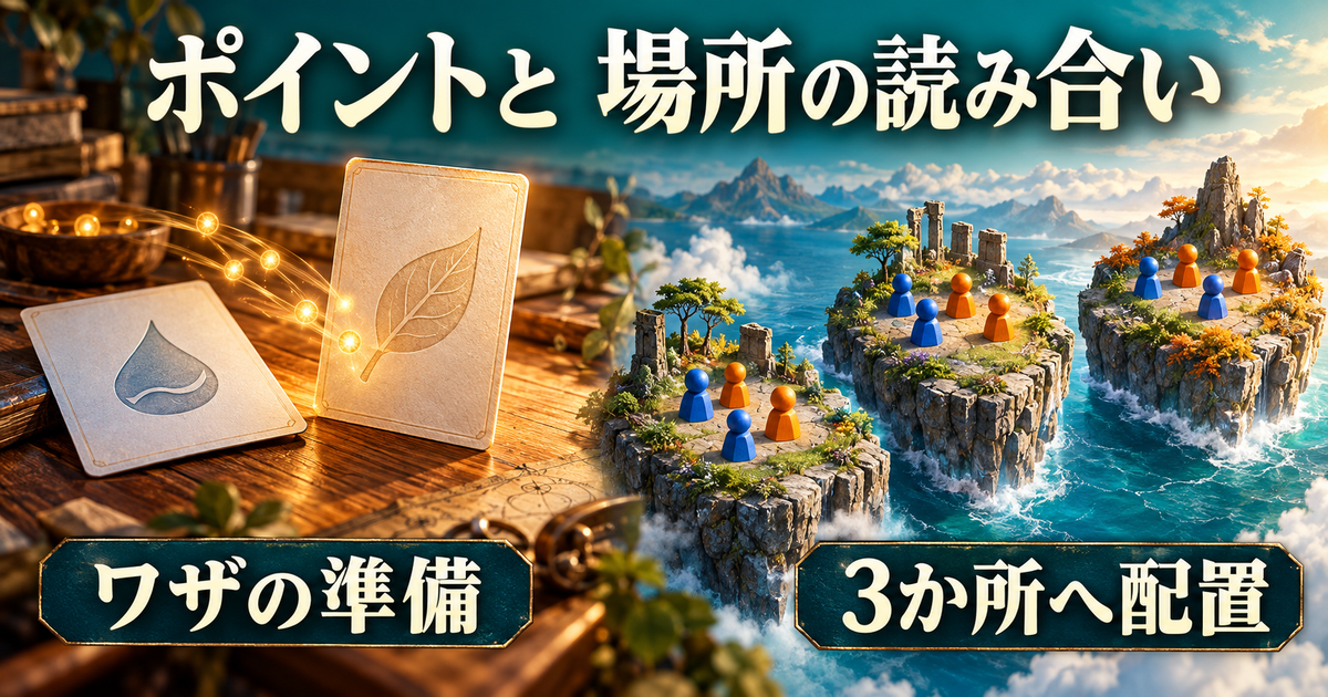 ワザへ向けた準備を表すカードと、三つの場所への戦力配分を表す模型を対比したイメージ
