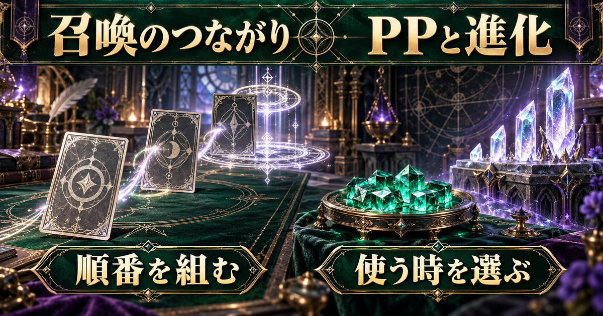 カードを使う順番のつながりと、PPや進化のタイミングを別々に示した概念イラスト
