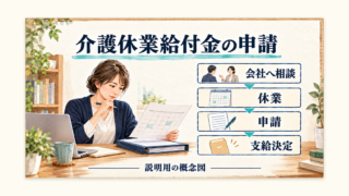 介護休業給付金の申請を、会社への相談、休業、申請、支給決定の順に進める図