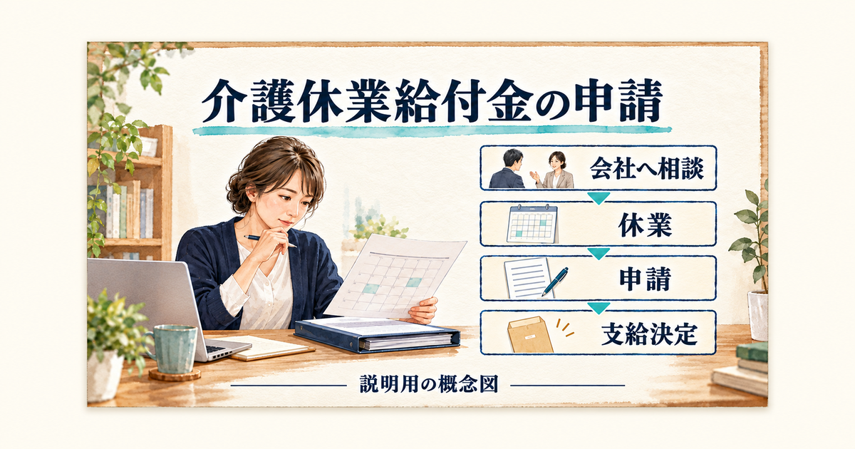 介護休業給付金の申請を、会社への相談、休業、申請、支給決定の順に進める図