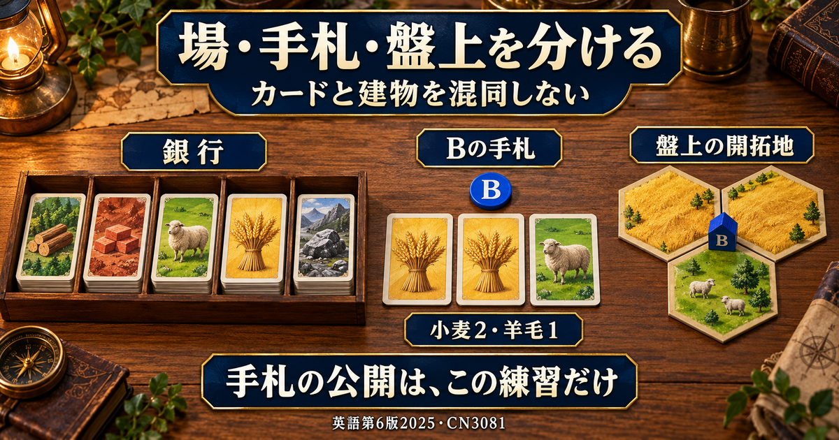 銀行の資源カード、Bの初期手札の小麦2枚と羊毛1枚、盤上の開拓地を分けた図。
