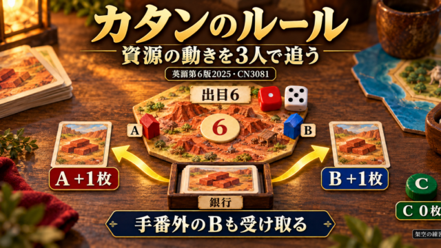 出目6で銀行からAとBへレンガが1枚ずつ渡り、Cは受け取らない練習例。