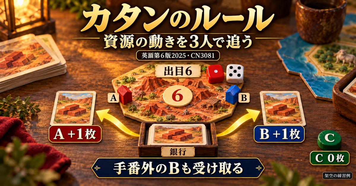 出目6で銀行からAとBへレンガが1枚ずつ渡り、Cは受け取らない練習例。