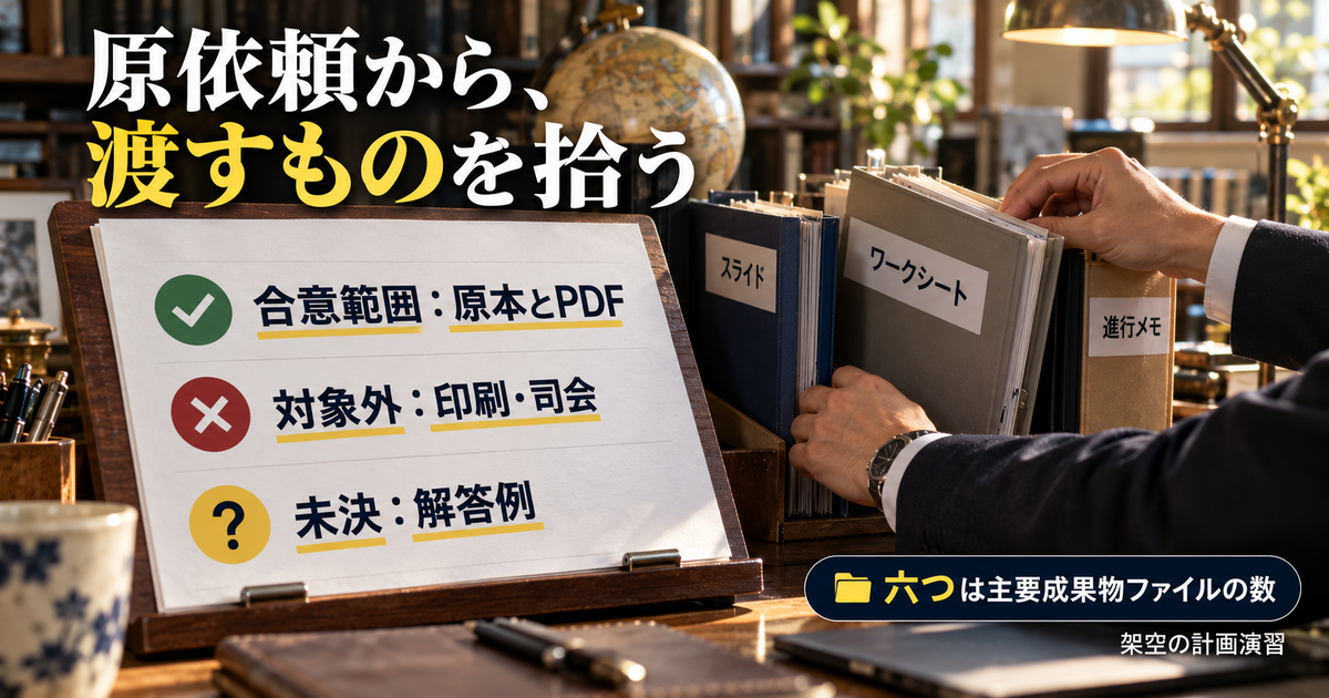 合意範囲の原本とPDF、対象外の印刷と司会、未決の解答例を分けた原依頼確認