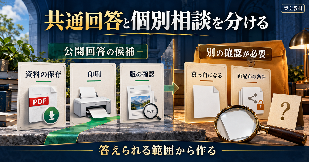 架空の資料配布サイトで、公開回答候補と別の確認が必要な質問を分ける生成画像