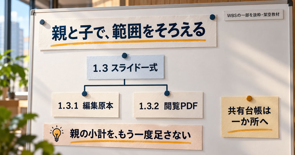 スライド一式の下に編集原本と閲覧PDFを並べ、共有台帳を一か所へ置くWBSの抜粋