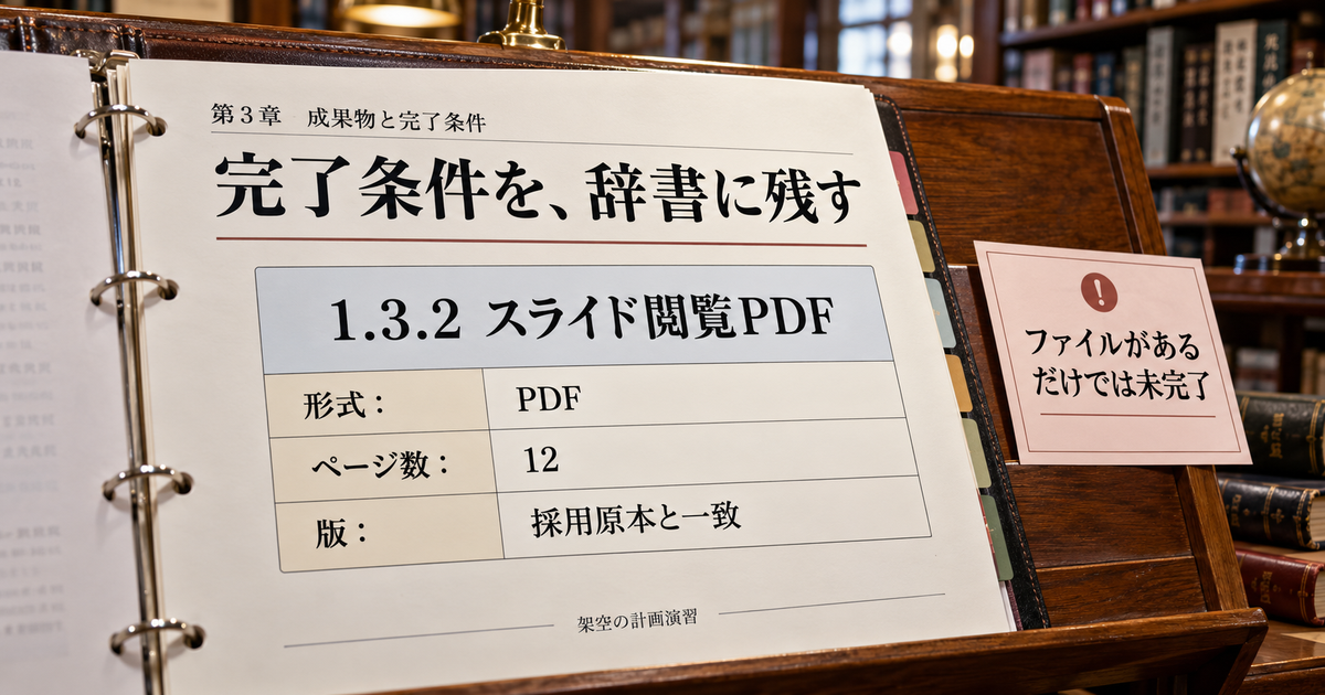 スライド閲覧PDFの完了条件として形式・十二ページ・採用原本との一致を示す辞書
