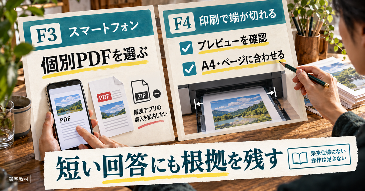 スマートフォンでは個別PDFを選び、印刷ではプレビューとA4設定を確認する生成画像