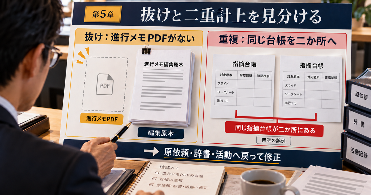 進行メモPDFの抜けと指摘台帳の二重所属を並べた架空の誤例