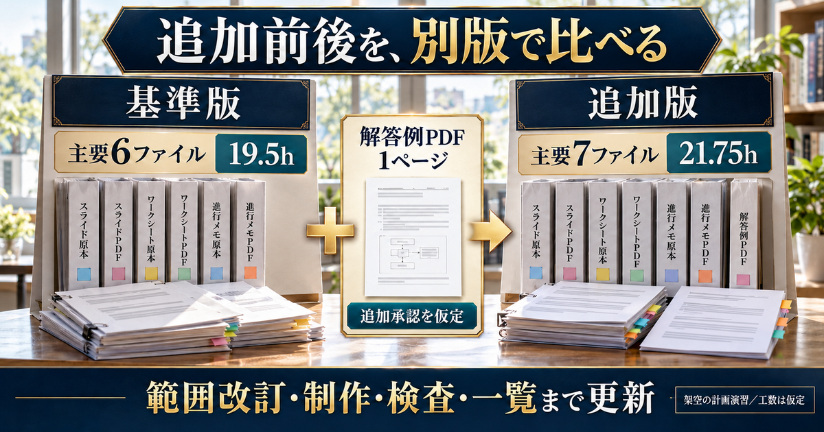 主要六ファイル19.5時間の基準版と、解答例PDF追加後の主要七ファイル21.75時間を比較する教材